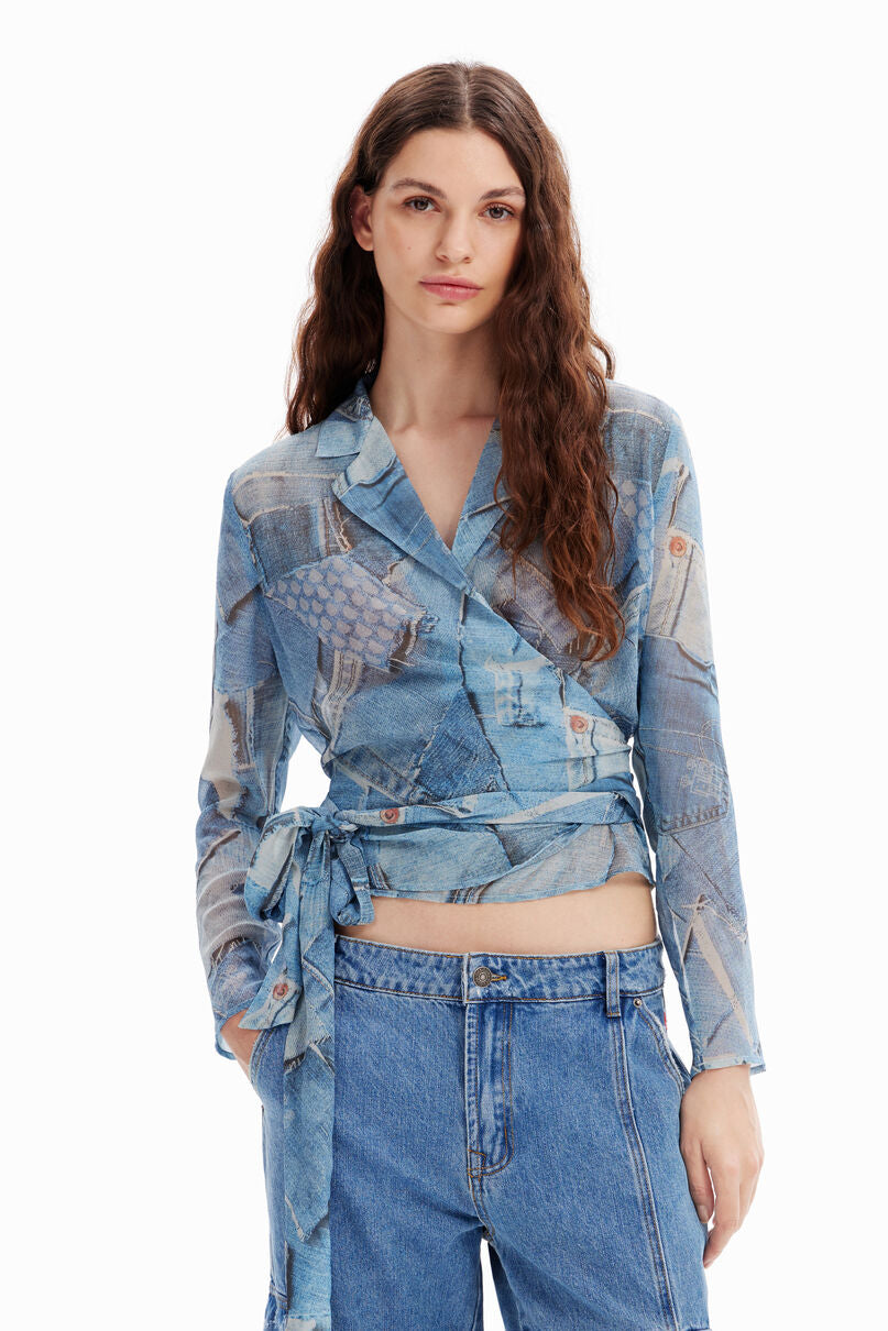 Denim patchwork wrap blouse