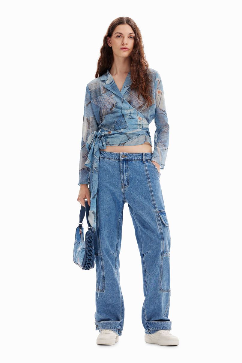 Denim patchwork wrap blouse