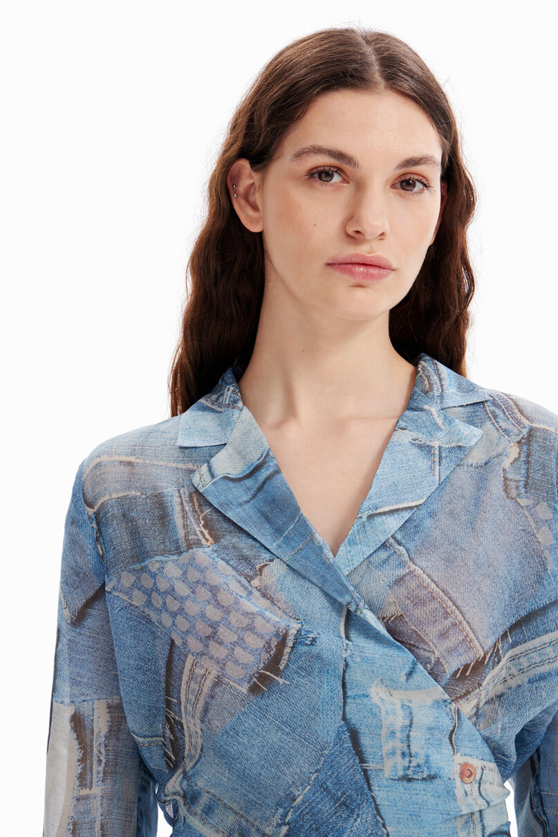 Denim patchwork wrap blouse