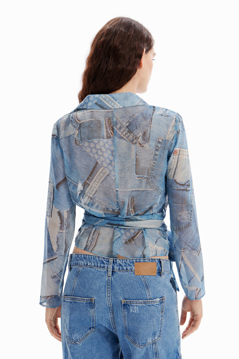 Denim patchwork wrap blouse
