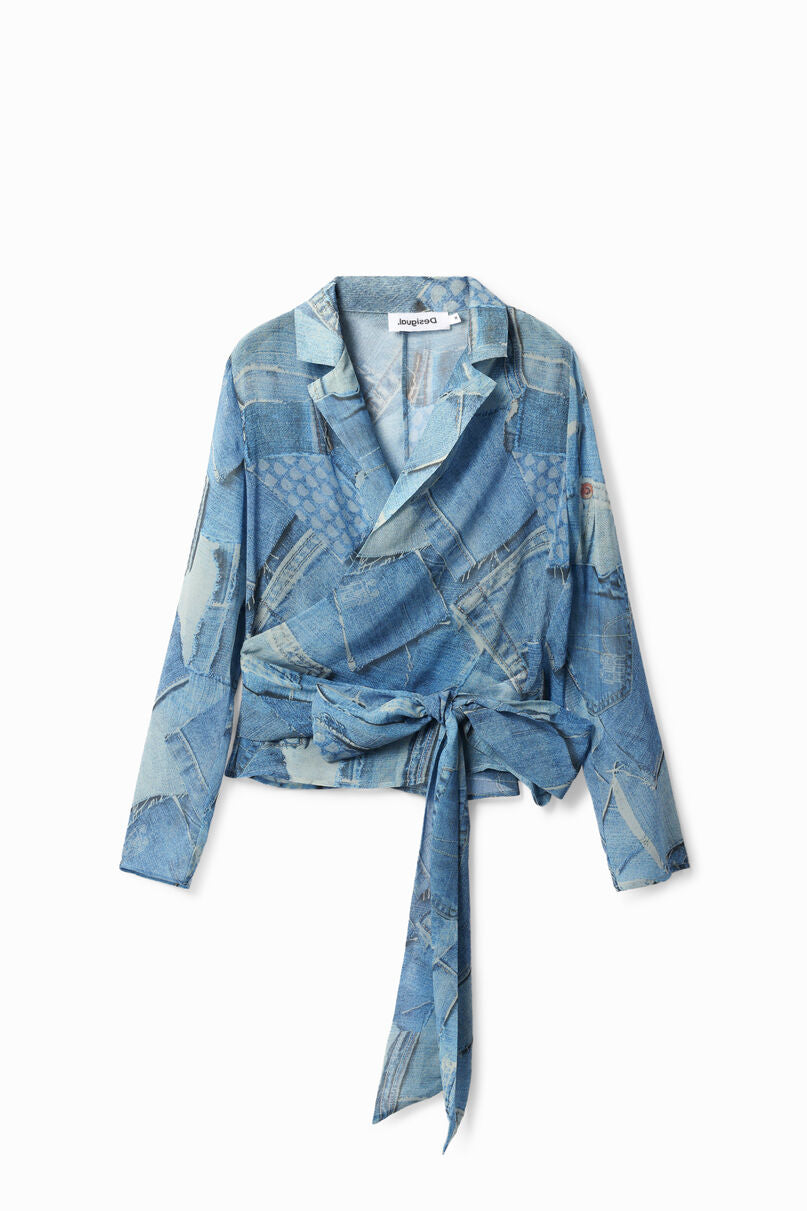 Denim patchwork wrap blouse