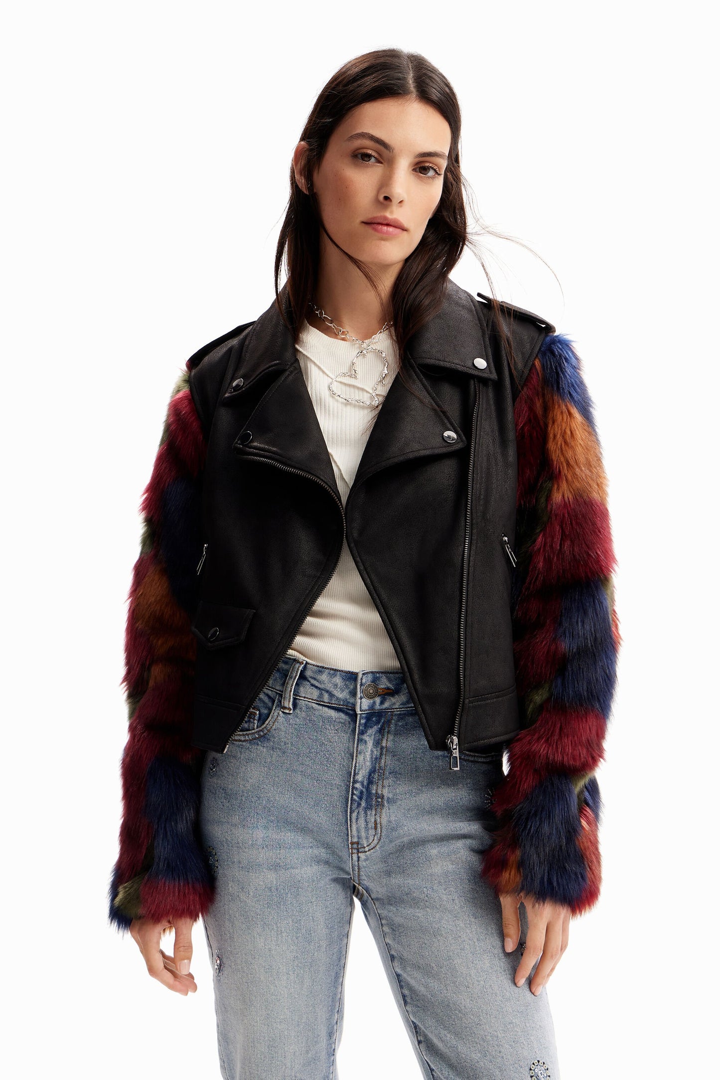 Detachable fur-effect biker jacket