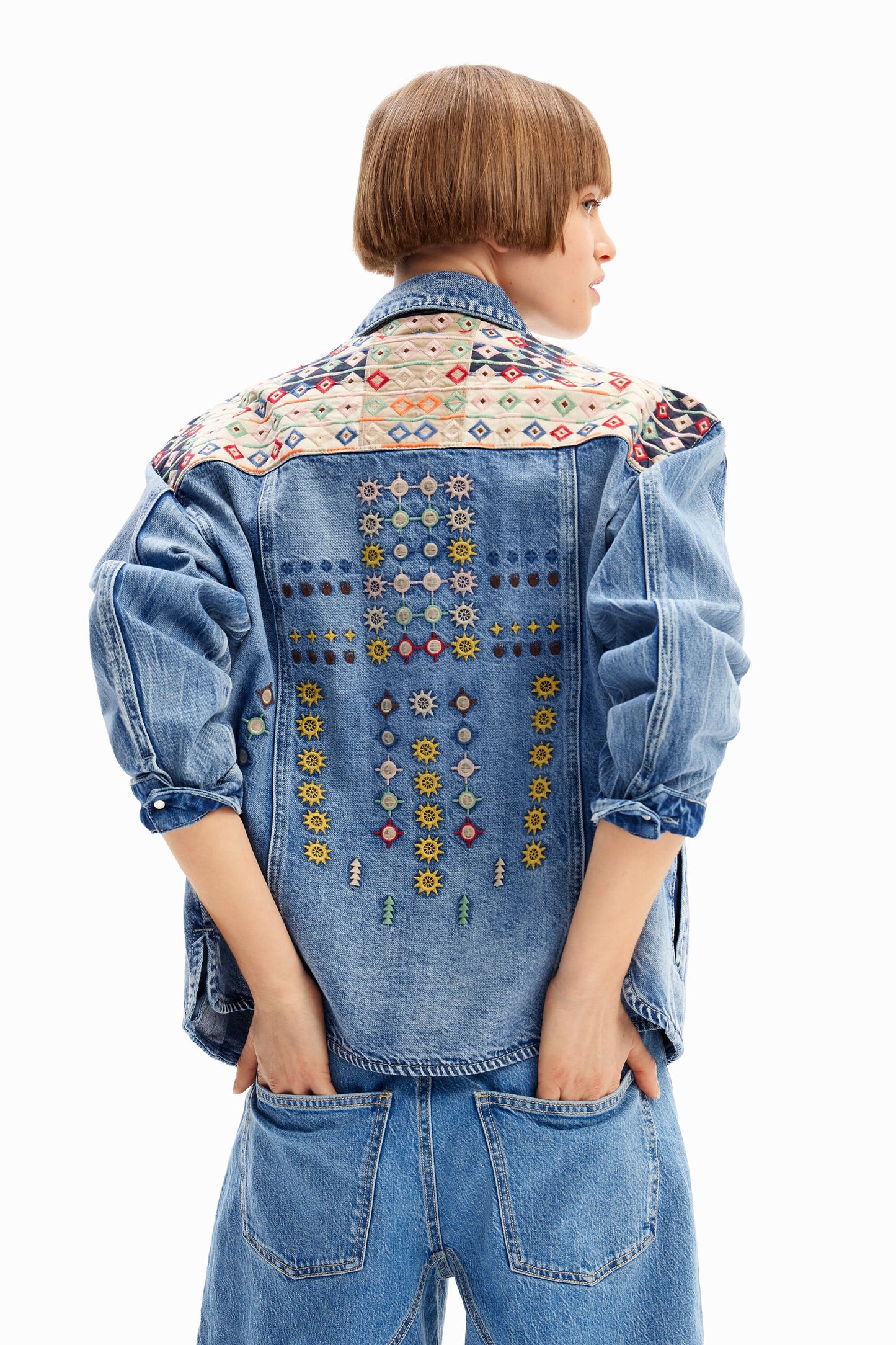 Embroidered denim trucker jacket