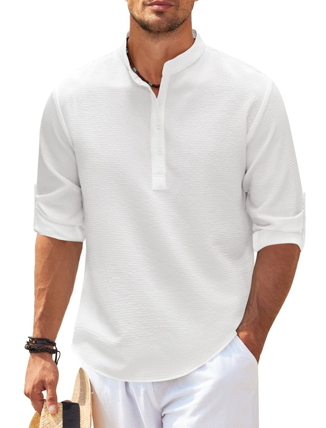 Men's Stand Collar Open Button Shirt Casual Shirt Tops