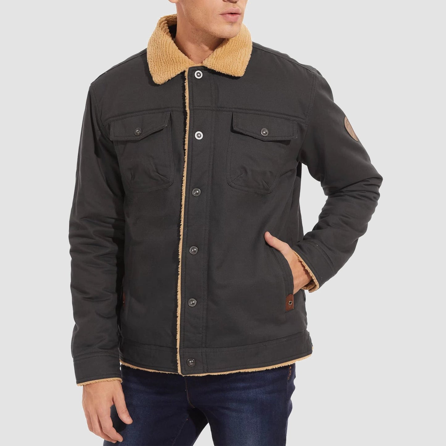 Men's Sherpa Trucker Jacket 5 Pockets Cotton Cargo Jacket Turn-down Collar Winter Coats