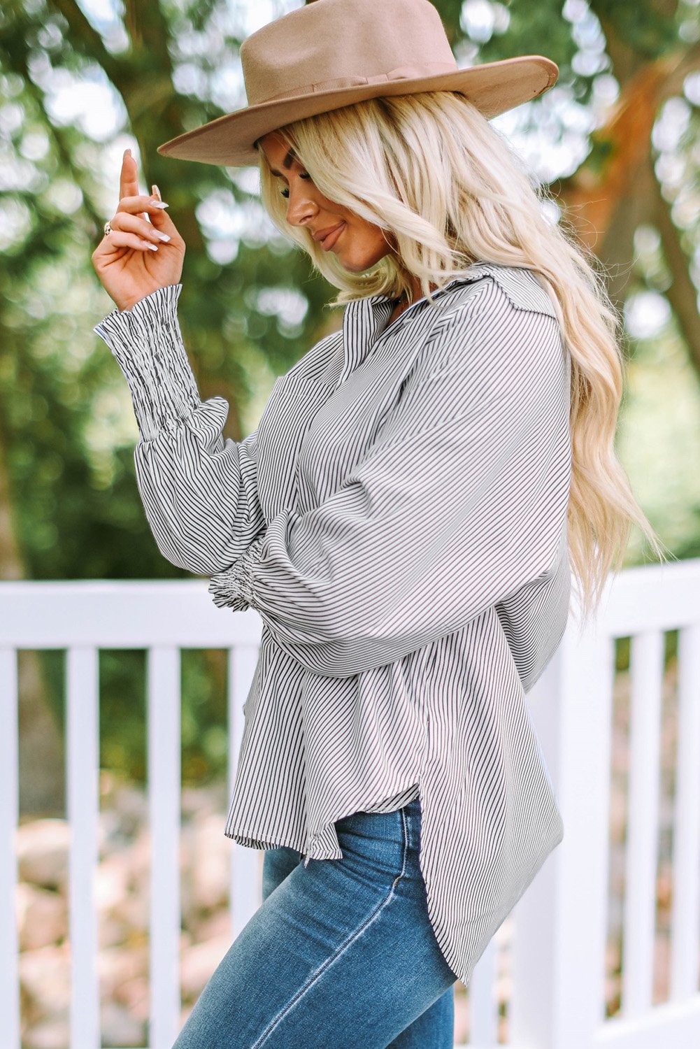Mid-length Shirt With Striped Lapel and Oversized Drawdown Sleeves