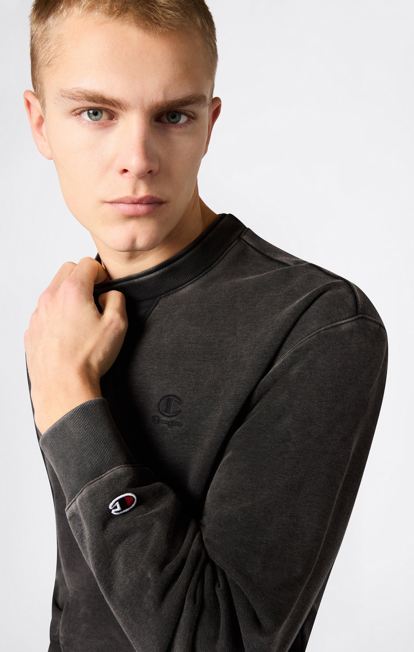 Men's Crewneck Sweatshirt with Embroidered Logo and Washed Effect Icons