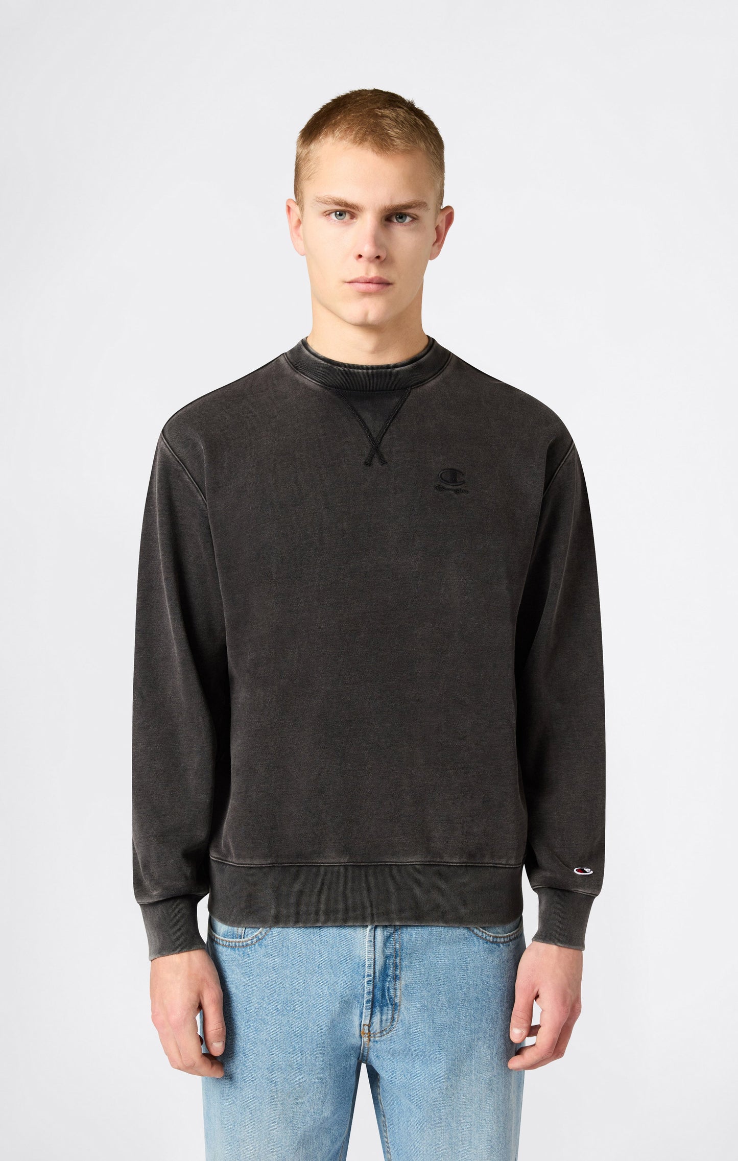 Men's Crewneck Sweatshirt with Embroidered Logo and Washed Effect Icons