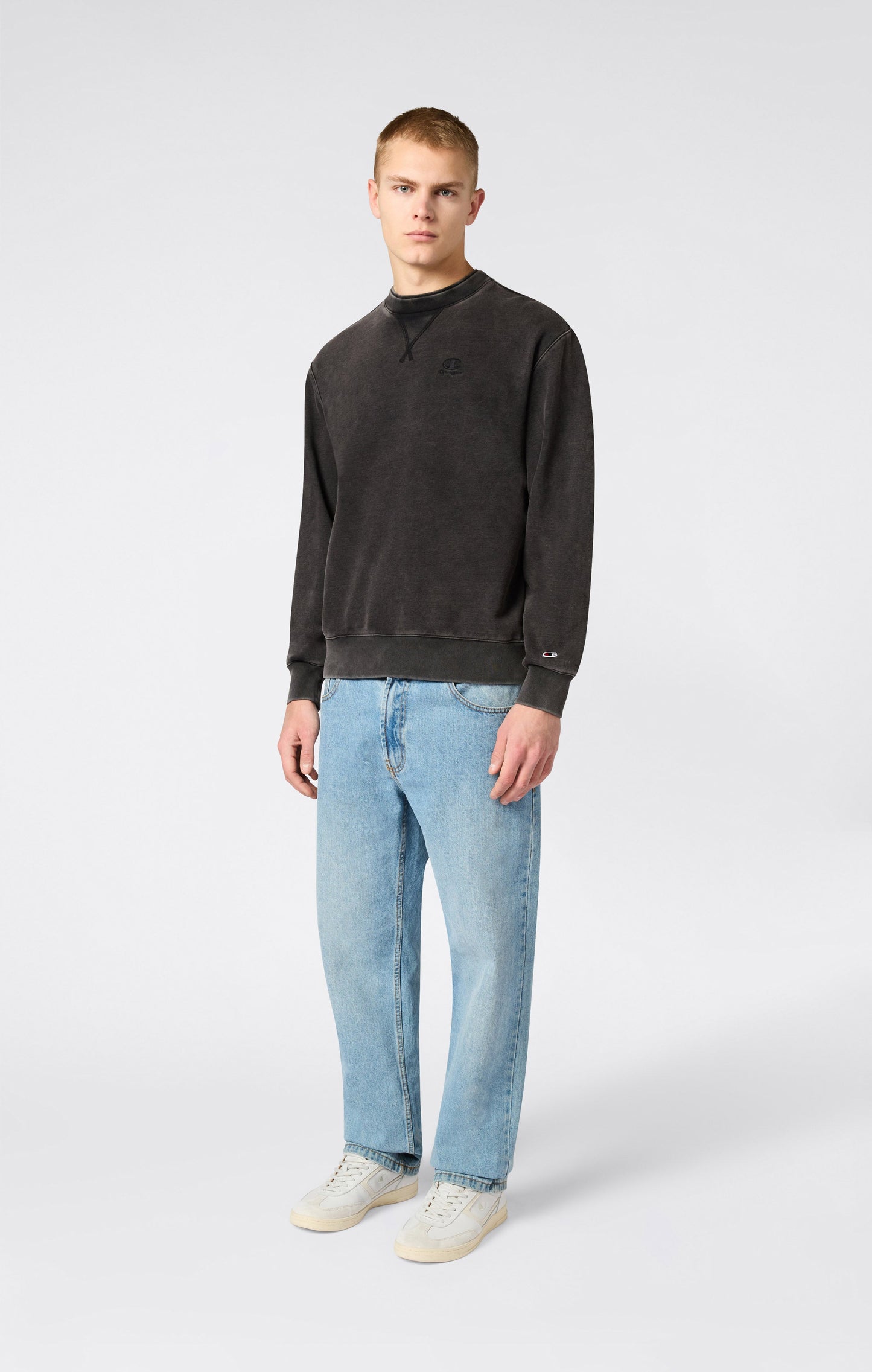 Men's Crewneck Sweatshirt with Embroidered Logo and Washed Effect Icons