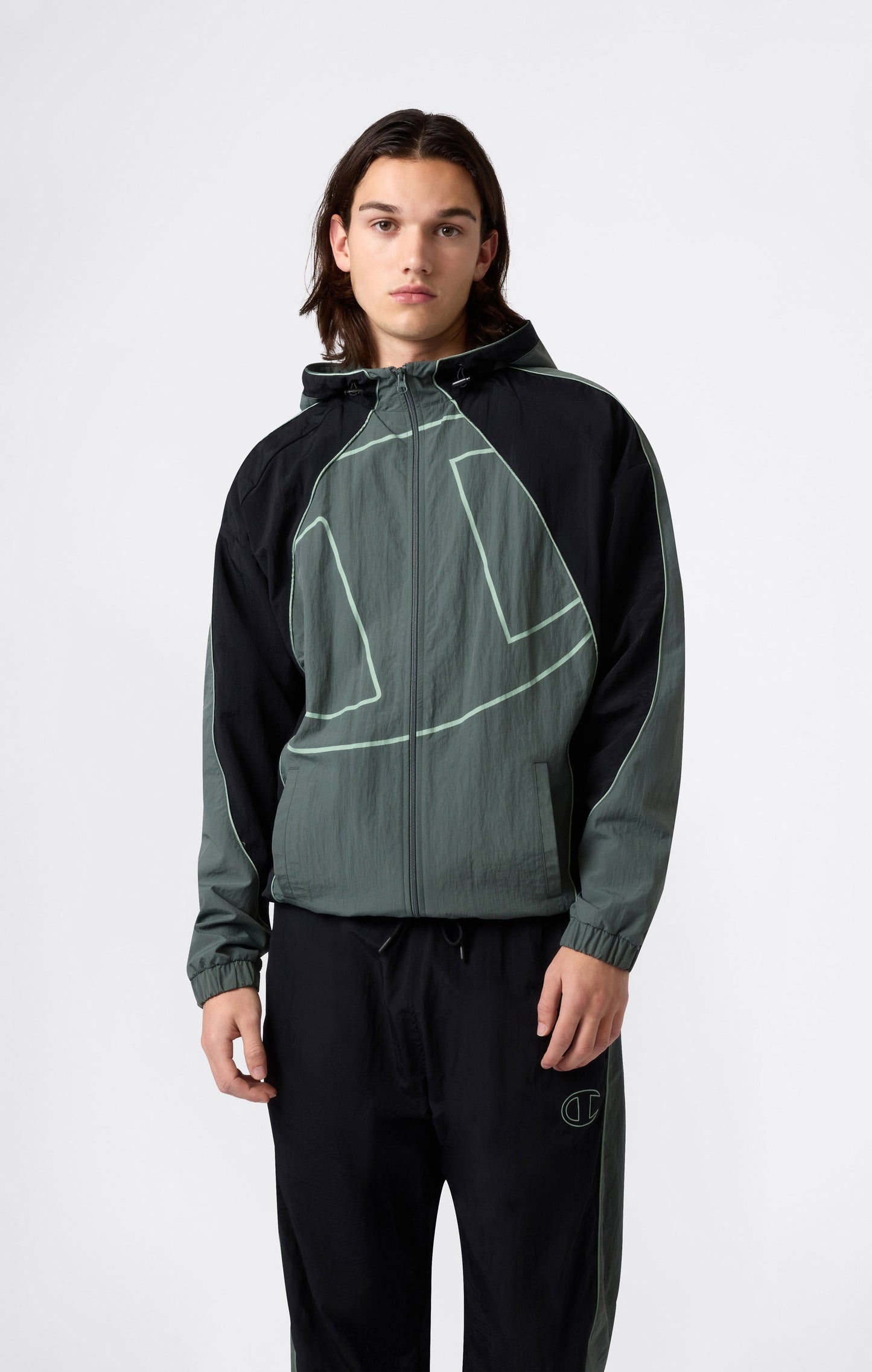 Men's Woven Nylon Full-Zip Hooded Track Top Loose Fit