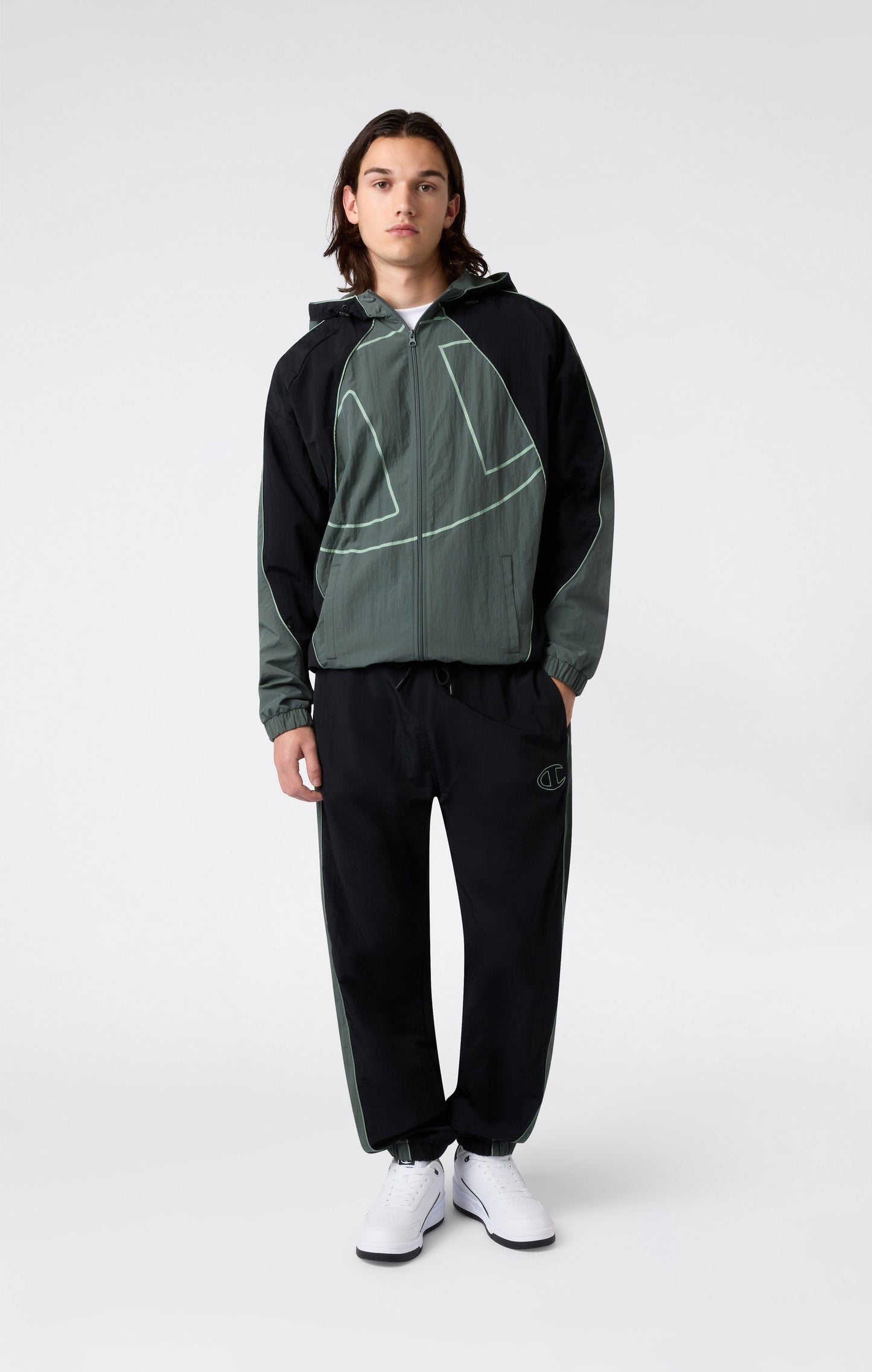 Men's Woven Nylon Full-Zip Hooded Track Top Loose Fit